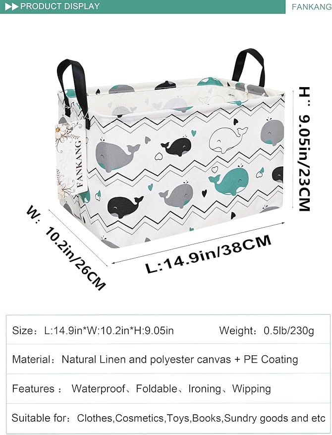 FANKANG Storage Bins, Nursery Hamper Canvas Laundry Basket Foldable with Waterproof PE Coating Large Storage Baskets for Kids Boys and Girls, Office, Bedroom, Clothes,Toys(Rec-whales )