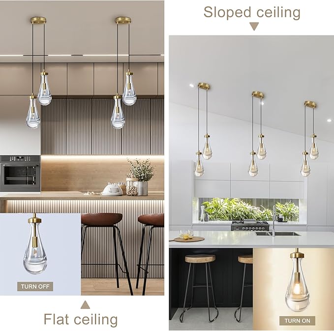 Brass Raindrop Pendant Lights Kitchen Island 2-Light, Cluster Gold Pendant Light Fixture for Bedroom, Dimmable Dining Room Light Fixture Hanging Pendant Lighting Ceiling Chandelier for Foyer
