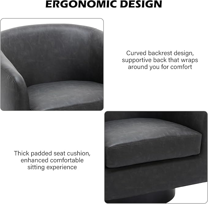 Swivel Barrel Accent Chair, Modern Round Faux Leather Arm Chair for Living Room, Bedroom, Comfy Club Reading Chairs for Adults(Faux Leather, Black Grey, Set of 1)