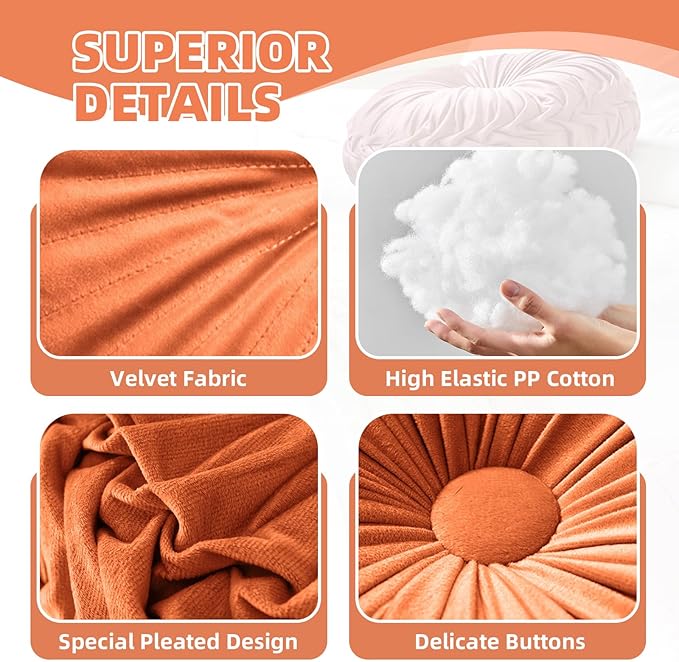 2 Pcs Round Throw Pillows Pleated Velvet Pumpkin Round Pillows Floor Cushion for Living Room Couch Chair Bed Sofa 15.7"x15.7"/13.8" x 13.8" (Olive)