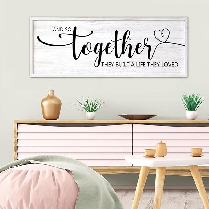 And So Together They Built A Life They Loved Decorative Rustic Sign & Plaque Framed Wall Art for Couples, 40''×15' Wooden Long Wall Decor Above Bed, Vintage Horizontal Farmhouse Wedding Gift
