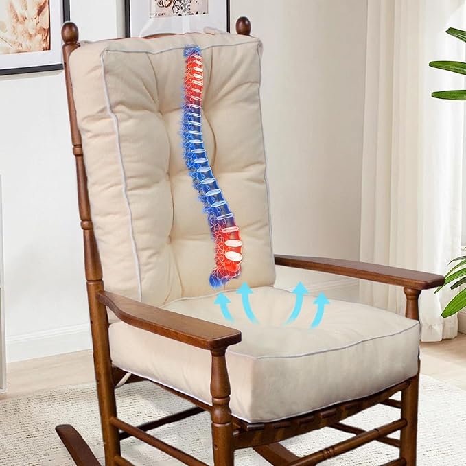 YZ HOME Rocking Chair Cushion, Set of Thicken Seat & Back Chair Cushions with Memory Foam, Non-Slip Chair Pad with Ties for for Indoor&Outdoor Rocker, Beige, 28 * 18 * 5/18x18x5