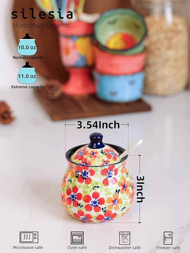 silesia Handmade Sugar Bowl with Lid and Spoon, 9 Ounce Ceramic Hand-Painted Sugar Jar for Home in Gift Box, Kitchen Decor, Oven, Dishwasher & Microwave Safe, Jungle Floral