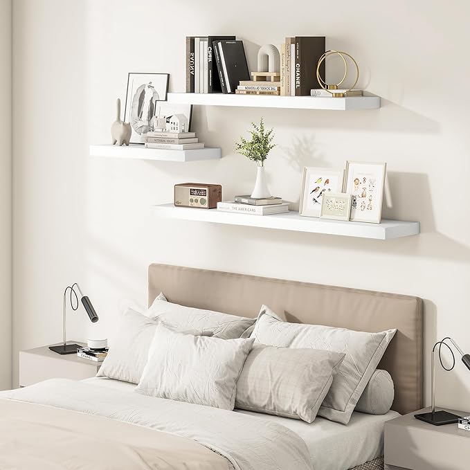 White Floating Shelves for Wall, 36 Inch X 12 Deep Shelves for Room Wall Mounted,2" Thick Heavy Duty Holds 65lbs Floating Shelf for Bedroom Bathroom Kitchen Laundry Room, Set of 2