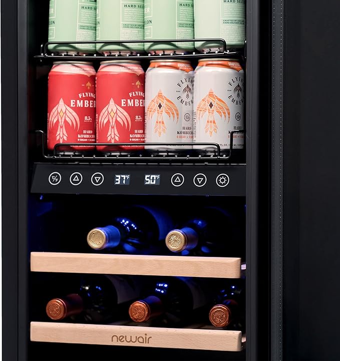 Newair 15" Wine and Beverage Refrigerator 9 Bottle and 48 Can Capacity, Beverage Cooler in Stainless Steel, Built-in or Freestanding Dual Zone Drink Fridge with Triple-Pane Glass Door