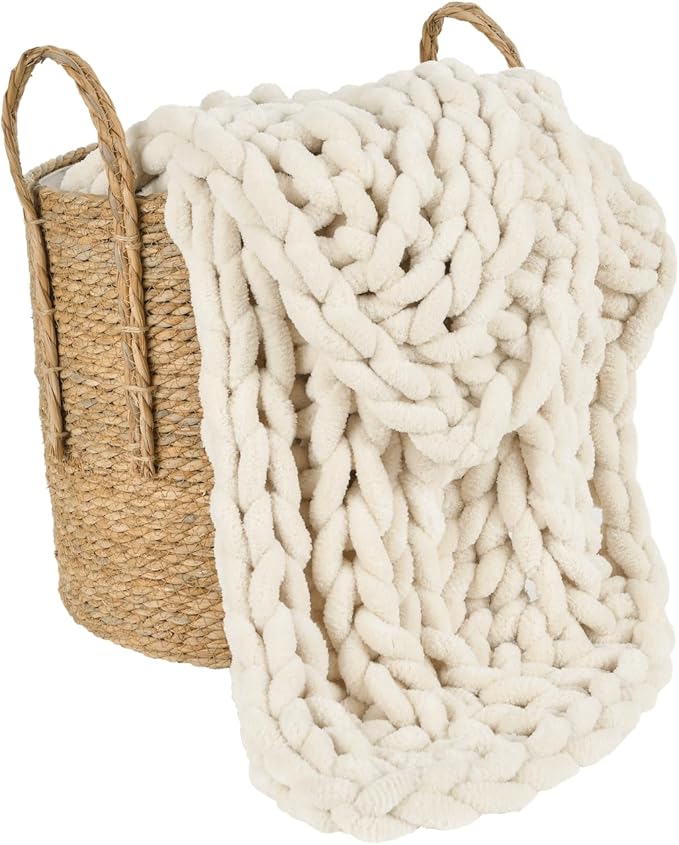 Esterra Chunky Knit Blanket Throw, 100% Handmade Chenille Throw Blanket 50"x60", Soft Thick Yarn Cable Knit Crochet Throw Blanket Rope Knot Throw for Couch Bed Sofa, Apricot White
