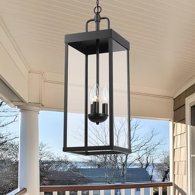 Large Outdoor Pendant Lantern Light Fixture for Front Porch, 24 Inch 3-Light Black Exterior Hanging Chandelier with Clear Glass, Outdoor Indoor Pendant Lamp for Patio, Gazebo, Entryway, Doorway