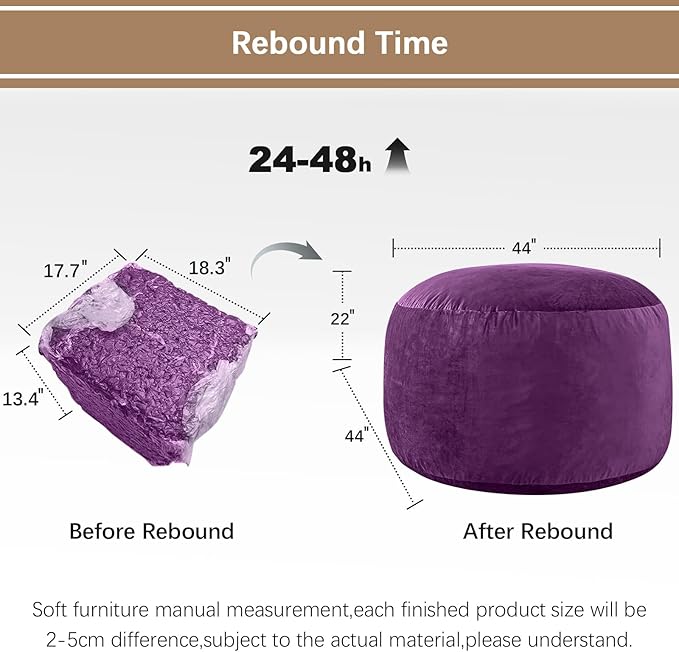 Bean Bag Chairs for Adults - Memory Foam Furniture BeanBag Chair - Kids/Teens Sofa with Soft Micro Fiber Cover - Round Fluffy Couch for Living Room Bedroom College Dorm - 4 ft, Purple