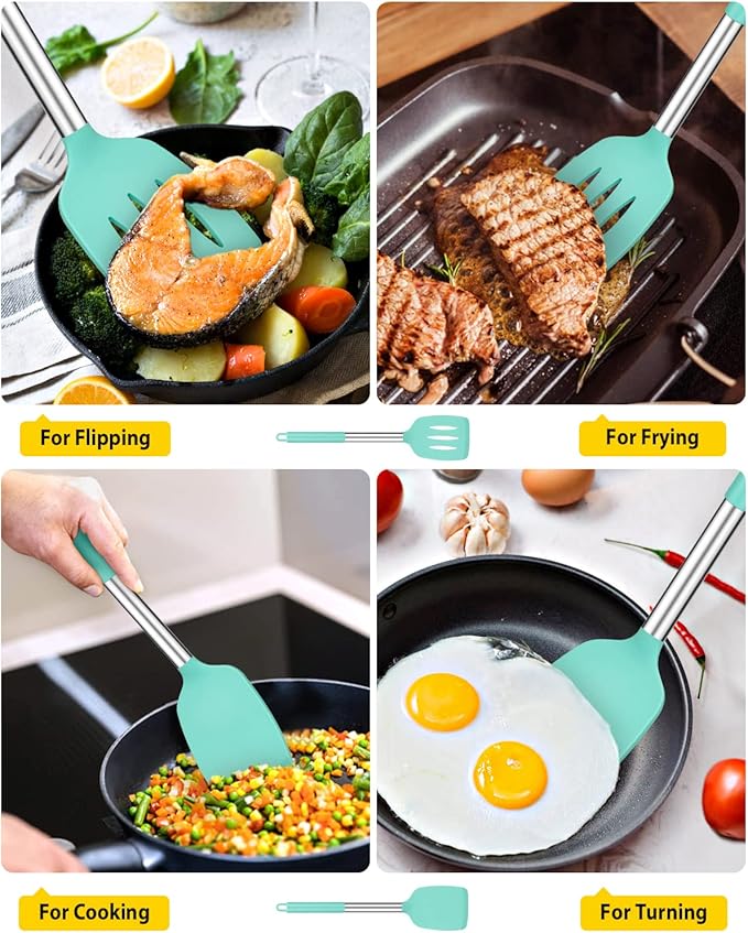 Pack of 2 Silicone Solid Turner, Non Stick Slotted Kitchen Spatulas, High Heat Resistant BPA Free Cooking Utensils, Ideal Cookware for Fish, Eggs, Pancakes(Green)