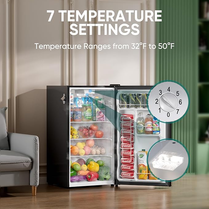 Upstreman 3.2 Cu.Ft Retro Mini Fridge with Bottle Opener, Energy Saving, Adjustable Thermostat, Metal Handle, LED Lamp, Mini Refrigerator for Bedroom, Office, Dorm-BR321 PRO (Black)