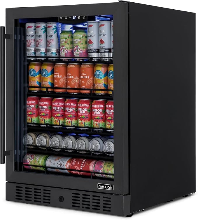 Newair 24" Beverage Refrigerator 177 Can Capacity, Black Stainless Steel Mini Fridge with Built-in Cooler and Glass Door, Cool your Soda, Beer, and Beverages to 37F