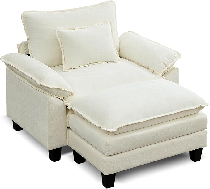 URRED Modular Sectional Sofa Comfy Cloud Couch, Modern Chenille Sofa Sleeper Deep Seat Couches with Ottoman/Pillows for Living Room (White, 53''- Ottoman)