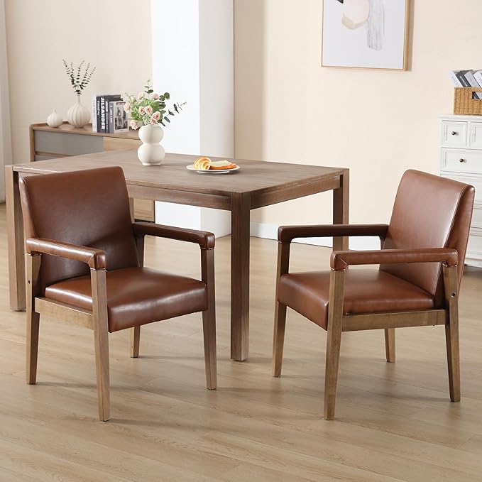 Kmax Modern Dining Chairs Set of 4 Faux Leather Kitchen Arm Chairs Upholstered Accent Chairs with Wooden Legs for Dining Room, Living Room, Bedroom, Brown