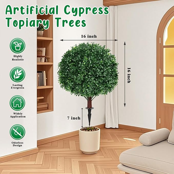 Artificial Boxwood Topiary Ball Tree with Ground Spike, Set of 2 Artificial Shrub Bushes, Fake Evergreen Tree for Porch, Artificial Plants for Outdoor Planters Indoor UV Resistant