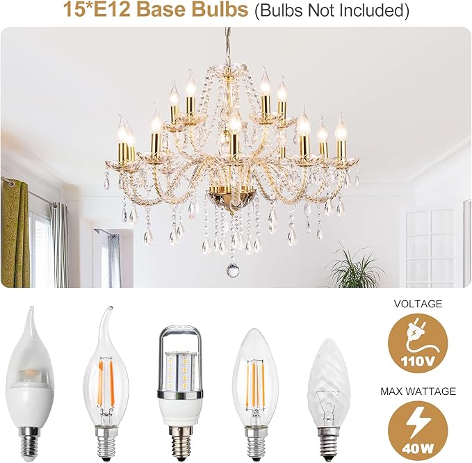 Modern Elegant 15 Lights K9 Crystal Glass Chandelier Golden Pendant Ceiling Lighting European Style for Dining Living Room Bedroom Transparent,15 E12 Bulbs Required
