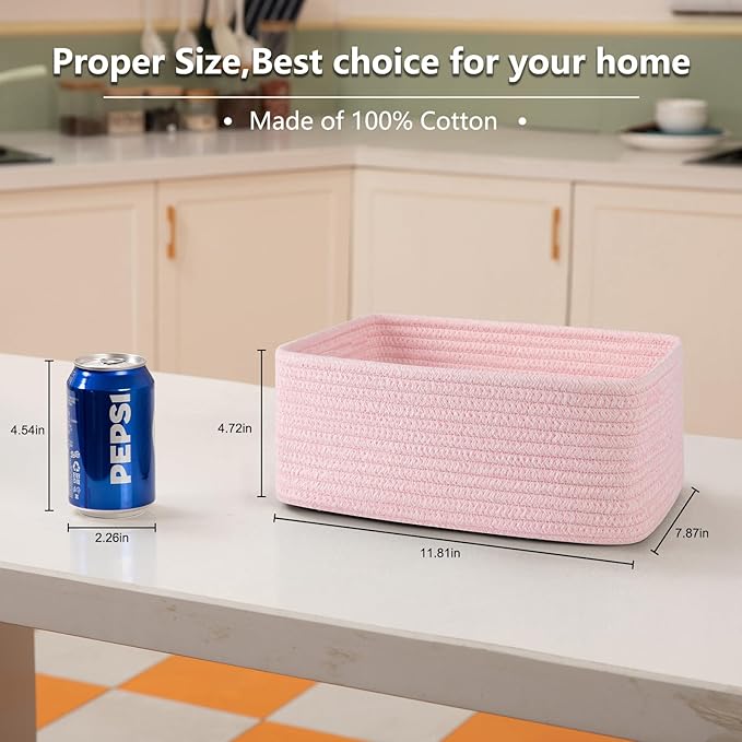4 Pack Small Storage Shelf Baskets for Organizing, Mini Woven Rope Storage Bins for Towels, Cute Decorative Closet Organizer,Baby Nursery, Gift Empty Baskets -11.81''Lx7.87''Wx4.72''H-Pink
