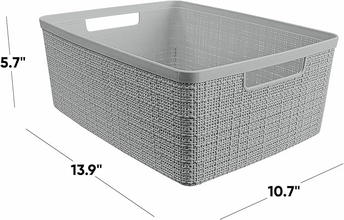 Curver Jute Decorative Plastic Organization and Storage Basket Perfect Bins for Home Office, Closet Shelves, Kitchen Pantry and All Bedroom Essentials, (Set of 6), Grey, Medium