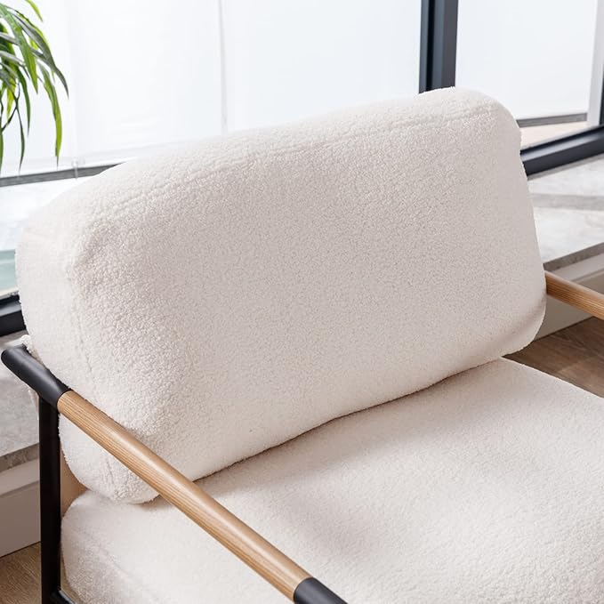 Mid-Century Accent Chair, Soft Armchair Sherpa Fabric Lounge Chair with Black Metal Legs, Upholstered Leisure Chair for Living Room Bedroom Reception Room, 1PC, White