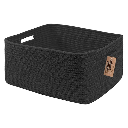 COMFY-HOMI Cotton Rope Woven Basket with Handles for Shelves,Toys,Book, Cloth Storage Baskets for Organizing-17" x 13" x 7.5" Toy Decorative Organizer for Living Room, Bathroom (all black)