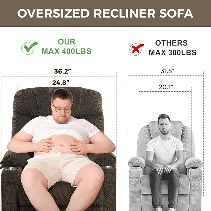 Oversized Dual Motor Lay Flat Power Lift Recliner Chair with Massage, Heating, Lumbar Pillow, USB & Type-C Ports, Textile Lift Chairs Recliners, Large Recliner for Big & Elderly People - Brown