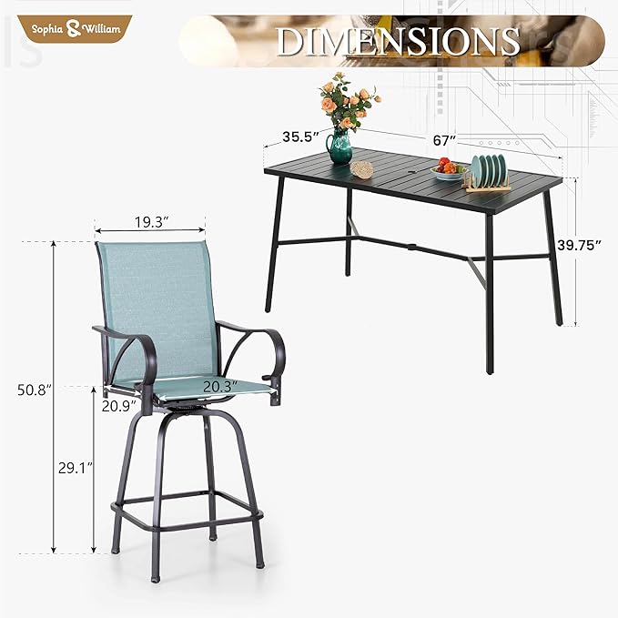 Sophia & William Outdoor Bar Set, Patio Bar Table and Chairs Set, Bar Height Patio Set - 6 x Swivel Bar Chairs(Baby-Blue), 1 x Rectangular Bar Table(Black)