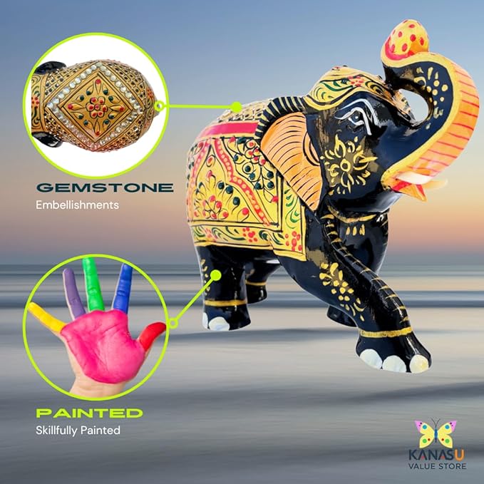 Handcrafted Wooden Elephant Figurine β Traditional Artwork, Gold & Gemstone Embellishments β Lucky Decorative Elephant Statue for Prosperity | Beautiful Elefantes Decorativos para Sala (Black & Gold)