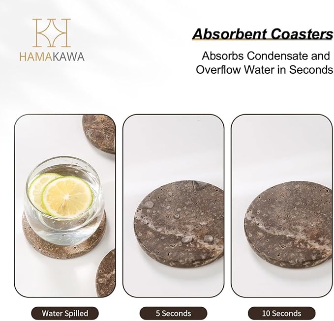 Marble Coasters Set of 4, Natural Gray Stone 4 Inch/10 cm, Modern Round Travertine Drink Coasters for Home Decor, Coffee Table, Office