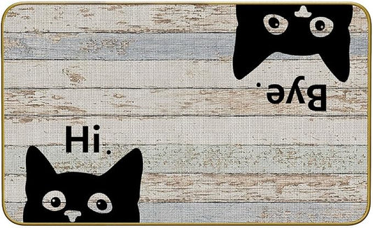 Mingnei Hi Bye Cat Welcome Doormat - Door Mat for Home Kitchen Entrance, Funny Black Cat Lover Floor Mat for Indoor/Outdoor Entryway Rug 30x17 (Grey)