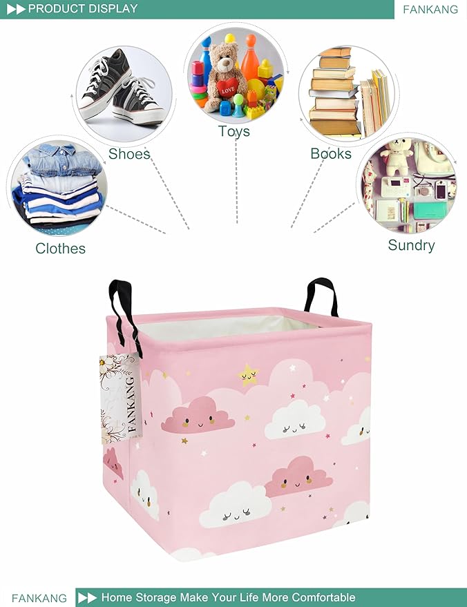 FANKANG Square Nursery Hamper Storage Bins Canvas Laundry Basket Foldable with Waterproof PE Coating Storage Baskets Gift Baskets for Children, Office, Bedroom, Clothes(Square-pink cloud )