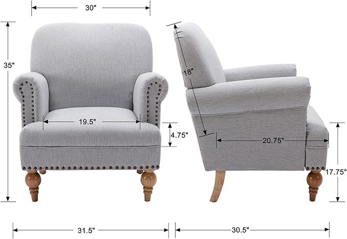 chairus Linen Accent Chair for Living Room Set of 2 Upholstered Mid Century Modern Single Sofa Chair with Solid Wood Legs Comfy Reading Chair Armchair for Bedroom/Office Room/Recption/Lounge, Grey