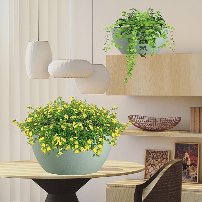 WOUSIWER 13 inch 2 Pack Large Hanging Planters for Indoor Outdoor Plants with Drainage Holes and Chain, Round Hanging Flower Pots for Garden Home Porch Decor, Green