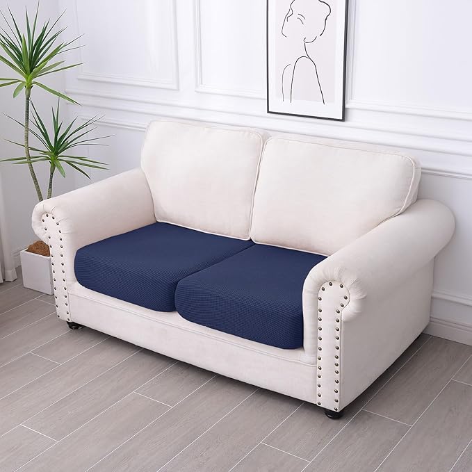 hyha Waterproof Couch Cushion Covers for Pets, Non Slip Sofa Seat Cover for Dogs Washable, Soft Thick Stretch Jacquard Fabric, Sofa Slipcovers with Elastic Bottom (2 Pieces, Navy)