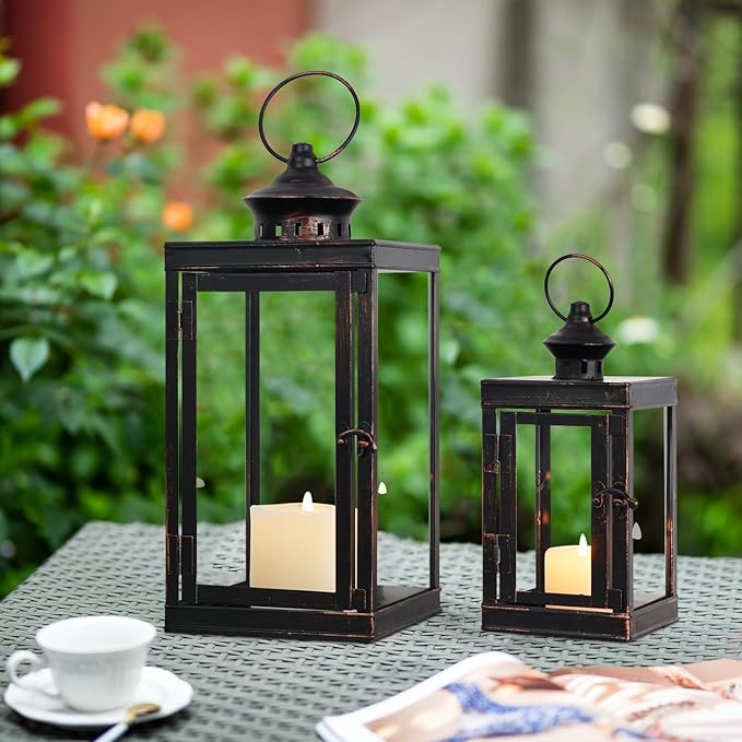 DECORKEY Large Lantern Decorative Outdoor & Indoor, Set of 2 (14’’&10’’) Metal Candle Lanterns Decor, Vintage Hanging Candle Holder for Front Porch Patio Wedding Farmhouse Home, Spring Decoration