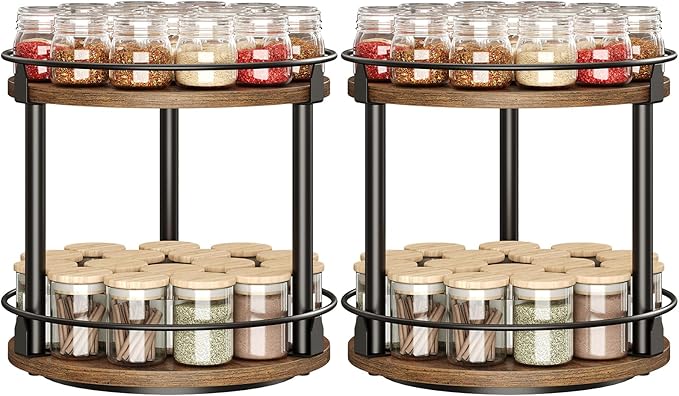 Spice Rack, Set of 2 Lazy Susan Organizer, 2-Tier Turntable Organizer, Rotating Spice Rack Organizer For Cabinet, Compact and Versatile, for Kitchen Countertop, Rustic Brown SR22L2BR