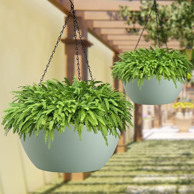 WOUSIWER 13 inch 2 Pack Large Hanging Planters for Indoor Outdoor Plants with Drainage Holes and Chain, Round Hanging Flower Pots for Garden Home Porch Decor, Green