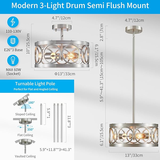 XINGQI Nickel Ceiling Light Adjustable Height Pendant Lighting Fixture 3-Light Metal Lamp 13" Rustic Round Lights for Dining Room Kitchen Bedroom Foyer Hallway