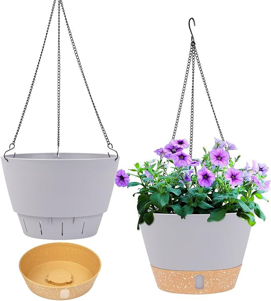 QCQHDU 2 Pack Hanging Planters for Indoor Outdoor Plants, 8 Inch Hanging Baskets Flower Pots with Reservoir Tray & Visible Water-Level