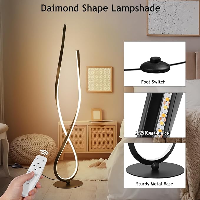 NUÜR Spiral Floor Lamp, 59" Tall Black LED Modern Standing Floor Lamp with Remote Control, Arched Bright Floor Lamps for Living Room Bedroom Office Home (Spiral Floor Lamp)