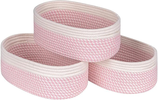 Off White&Mixed Pink Shelf Basket to Store and Organize Household Items/Baskets&Bins for Daily Storage &Organizing/Woven Rope Basket for Bedroom,Playroom/Small Oval-13x8.66x5.11’’,3 Packs