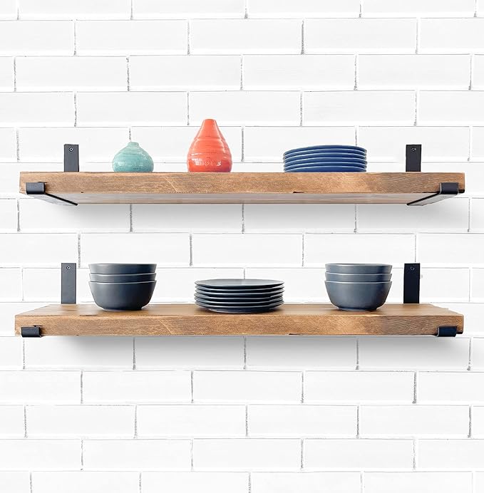 Rustic Shelves with J-Brackets Set of 2, Industrial Shelf, Kitchen Shelves, Solid Wood, Decorative Wall Storage, Heavy Duty, URBANDI (Brown, 24Wx8D)