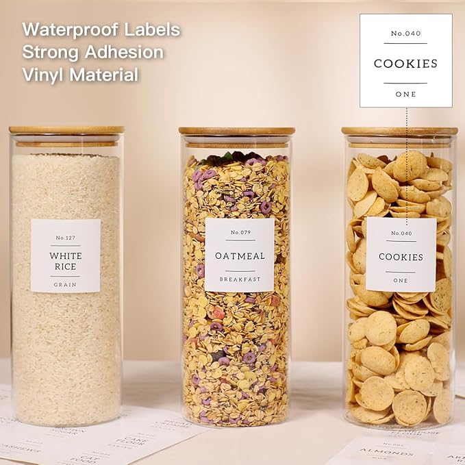 3 Pack Glass Jar with Airtight Bamboo Lid and White 132 Kichen Pantry Labels Preprinted - 56 Oz Clear Tall Glass Food Storage Containers set For Pasta Flour Cookie Rice