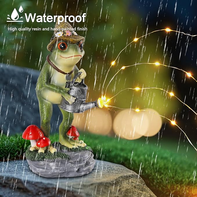 Solar Frog Statue for Garden with Watering Can Light 8.8" Resin Frog Figurine Outdoor Patio Porch Yard Decor Unique Birthday Housewarming Gifts for Women Mom Grandma Wife Sister