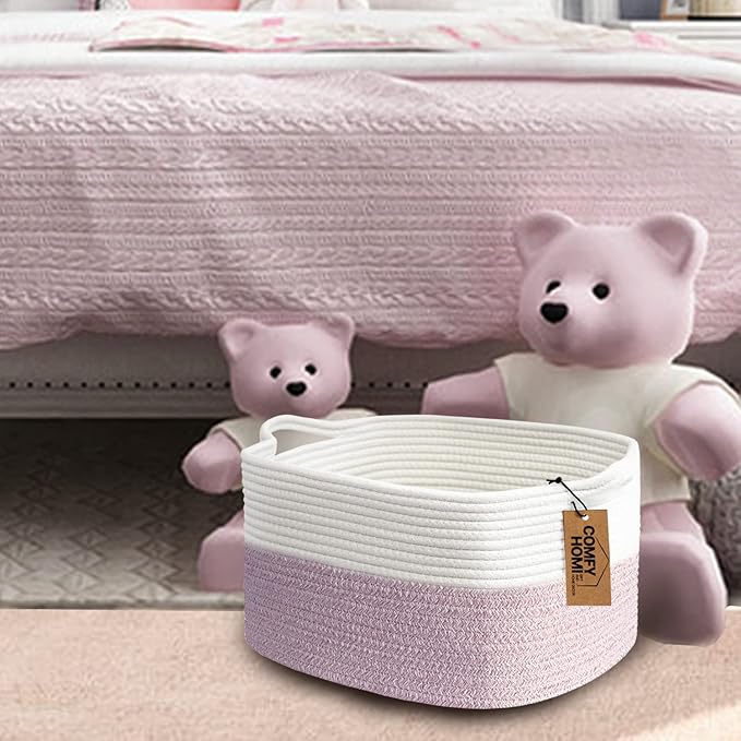COMFY-HOMI Cotton Rope Woven Medium Basket with Handles for shelf,Cloth Storage Basket for Organizing-13.5X11X9.5 Storage Bin for Bedroom, Newborn or Infant Gift for boy girl (White/Pink)