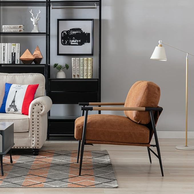 Mid-Century Accent Chair, Soft Armchair PU Leather Lounge Chair with Black Metal Legs, Upholstered Leisure Chair for Living Room Bedroom Reception Room, 1PC, Brown