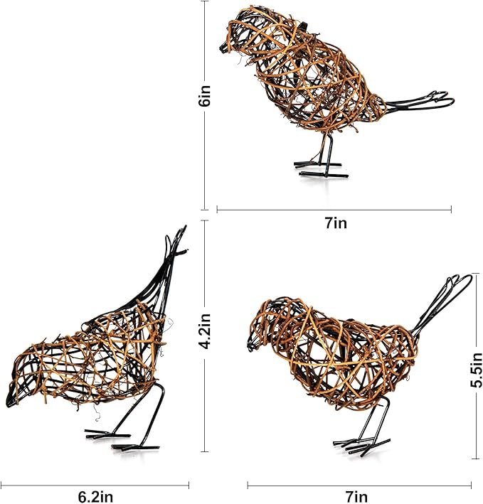 Natural Farmhouse Decor Set of 3 - Handwoven Rattan Bird Statue Table Decor, Multi-Pose Shelf & Mantel Accents