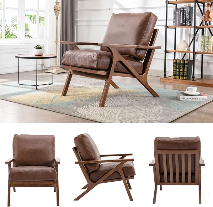 Mid Century Modern Accent Chair with Ottoman, Farmhouse PU Upholstered Living Room Armchair and Ottoman Set, 23" Seat Wide Retro Leisure Lounge Chair with Wood Frame for Home, Bedroom, Office, Brown