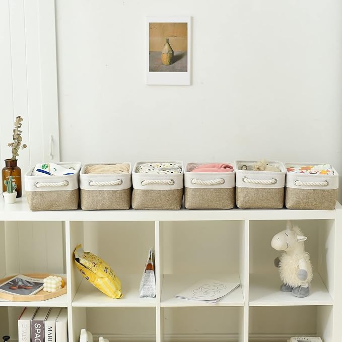 TcaFmac Storage Bins for Shelves - Small 6 Pack Collapsible Storage Basket for Organizing, Fabric Storage Cubes with Handle for Closet Cloth Toy Gift Kids (White & Khaki 11.8x7.8x5.2 inch)