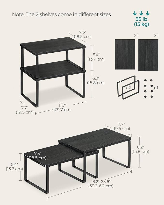 SONGMICS Cabinet Organizer Shelf, Set of 2 Kitchen Counter Shelves, Kitchen Storage, Spice Rack, Stackable, Expandable, Metal and Engineered Wood, Ink Black and Charcoal Black UKCS02B01