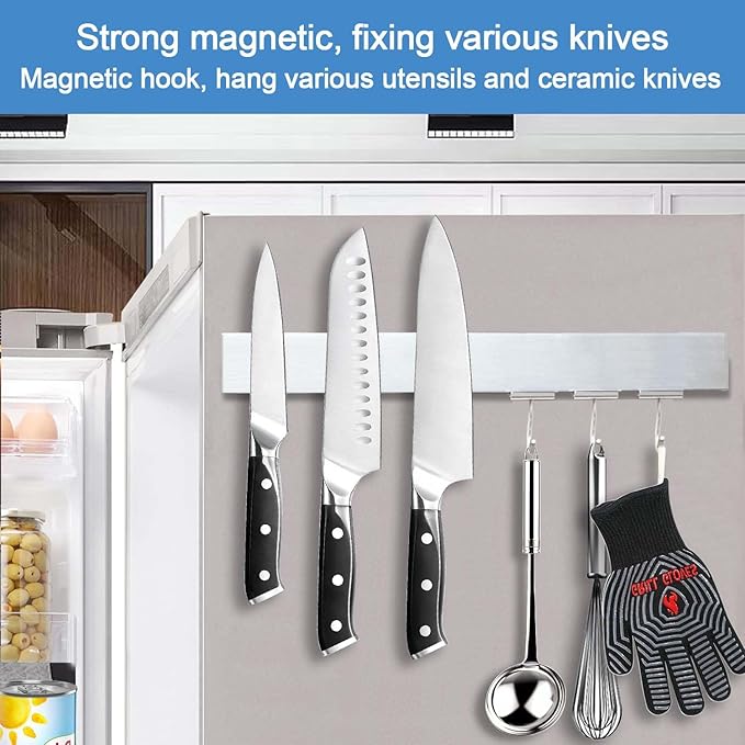 16 Inch Magnetic Knife Holder for Refrigerator - Knife Magnetic Strip for Fridge with Magnetic Hooks - Double Sided Magnetic Knife Bar - Stainless Steel Kitchen Magnetic Knife Hanger Rack