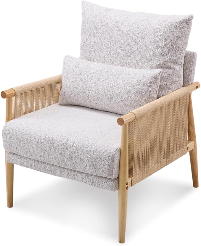 VINGLI Boho Braid Accent Armchair,Mid-Century Modern Chiar with Solid Wooden Armrest,Comfy Louge Cushion Chair with Waist Pillow for Bedroom,Living Room,Reading Room, Light Gray